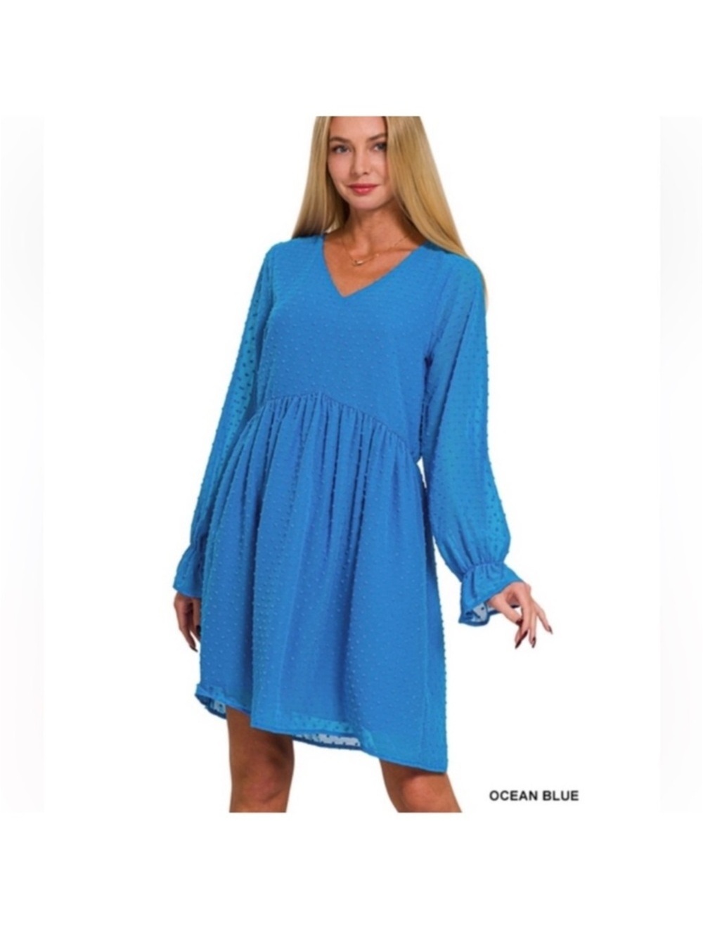 Zenana Outfitters Ocean Blue V-Neck Long-Sleeve Babydoll Dress